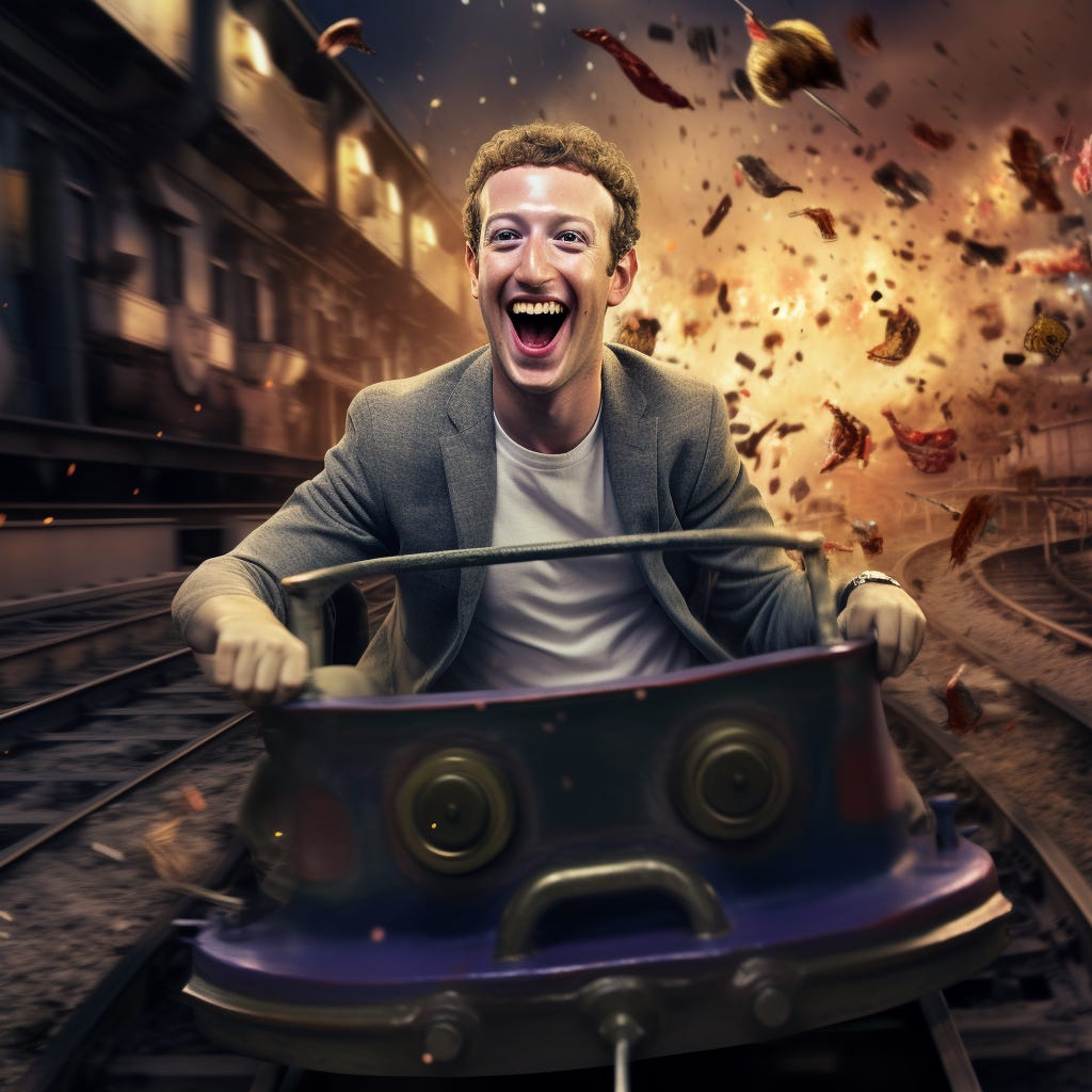 Mark Zuckerberg reportedly once said Twitter’s founders drove a clown car into a goldmine, here’s Midjourney imagining him entering the mine. 