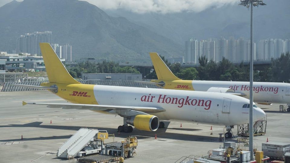 Dedicated DHL airplanes at the Central Asia Hub in Hong Kong.