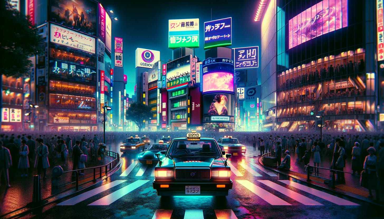 A cyberpunk-themed depiction of Shibuya crossing, Tokyo. The scene is bustling with neon lights and futuristic advertisements. A few Japanese taxis, distinguishable by their unique design, and some classic cars from the late 20th century are driving through the crossing. The streets are wet, reflecting the neon lights, adding to the cyberpunk ambiance. Millions of pedestrians, dressed in a mix of traditional and futuristic fashion, are waiting on the crowded sidewalks, surrounded by holographic signs and digital billboards. The time is evening, with a dark, yet vibrant sky.