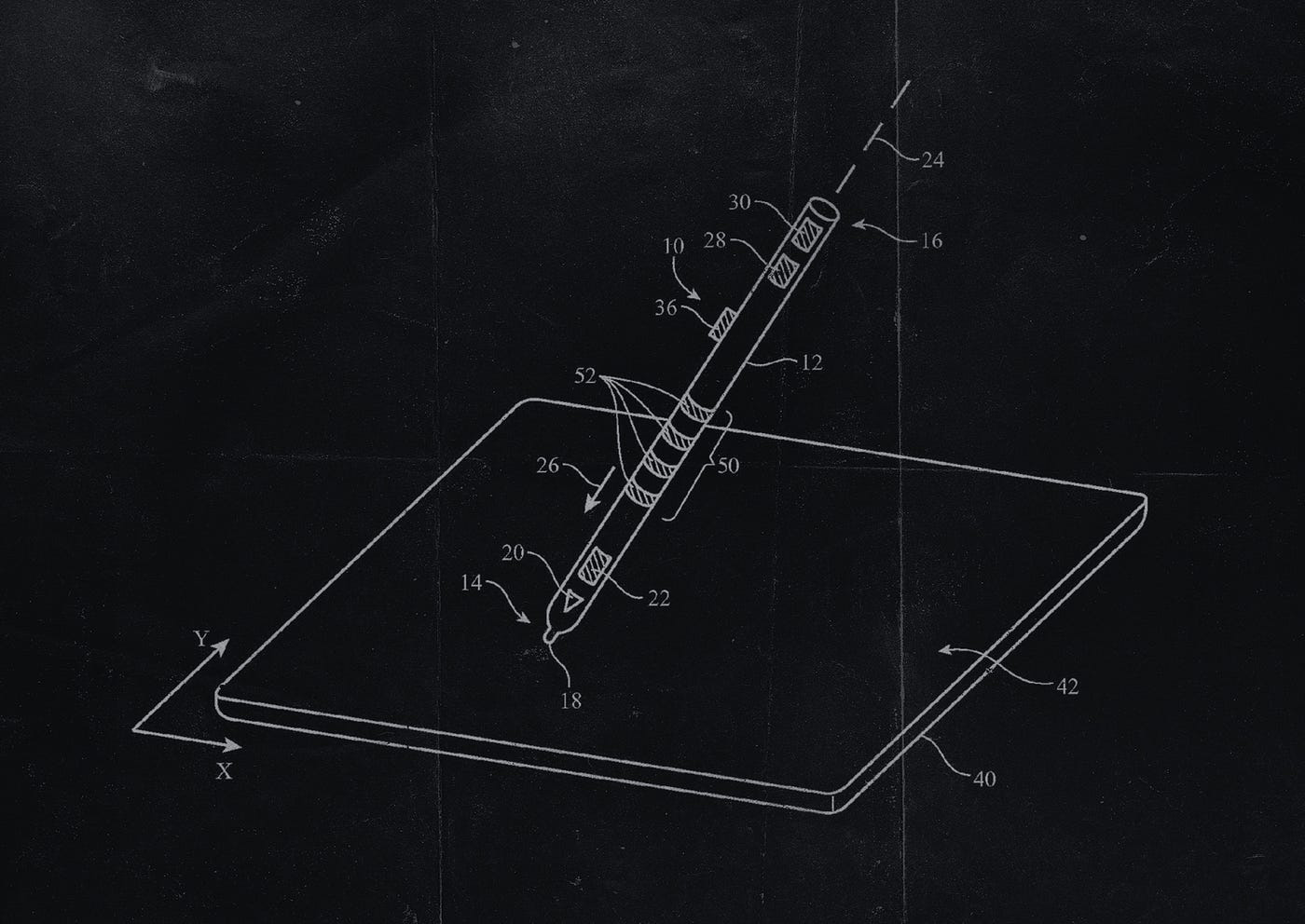 A technical drawing of a stylus and a tablet, blueprint style.