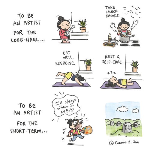 Long Live Artists How to be an artist for the long-haul. Panel 1 shows a girl with a bun and a hot cup of tea, fluffy slippers. Panel 2 shows girl cooking over a stove, with text “Take lunch breaks.” Panel 3 shows girl doing yoga; text reads “Eat well. Exercise.” Panel 4 shows girl asleep on yoga mat; text reads “Rest and self-care.” Panel 5, text only: “To be an artist for the short-term…” Panel 6, crazed-looking artist running with a brush, exclaiming that “I’ll sleep when I die!” Final panel cuts to grave stone: “R.I.P. Artist.” From weekly webcomic series Connie Sun, cartoonconnie for Tinyview, ep 20 titled “Long Live Artists”
