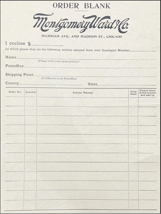 Montgomery Ward mail order form from the 1890's.