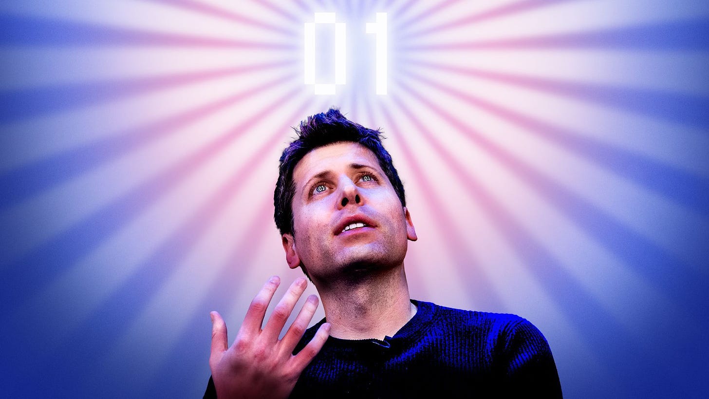 Photo illustration of OpenAI CEO Sam Altman looking up at a glowing binary code surrounded by radial light