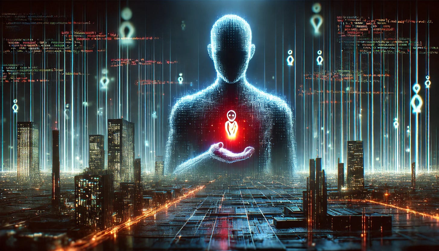 A dramatic and thought-provoking horizontal digital art landscape representing the concept of AI security vulnerabilities. The scene includes a dark, ominous setting with glowing lines of code floating in the air. A futuristic AI assistant shaped like a holographic humanoid figure is presenting a glowing code suggestion, but it subtly emanates a red, sinister hue, symbolizing malicious code. The background features a cyberpunk cityscape with tall, illuminated skyscrapers, giving a high-tech, dystopian feel. No text in the image.