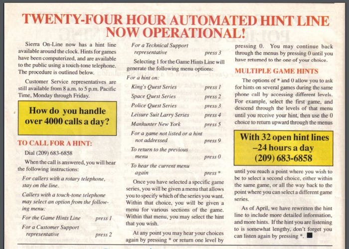 Advert for the Sierra hint line