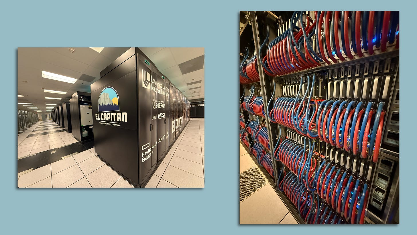 Two pictures of the El Capitan supercomputer in Livermore, California