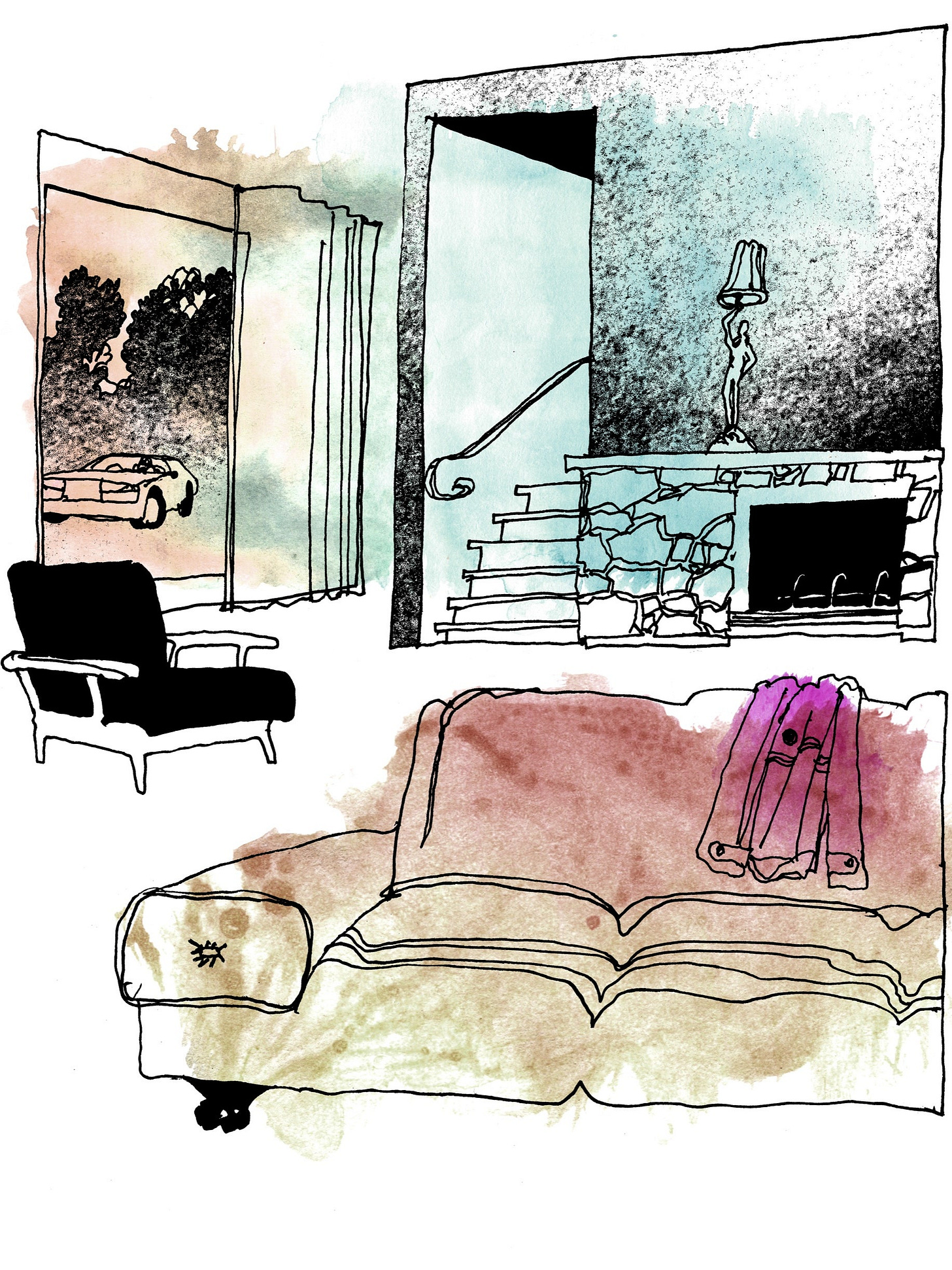 An ominous watercolor drawing of a living room.