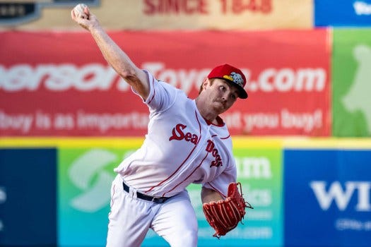 Red Sox pitching prospect Hunter Dobbins fires in a pitch during his Double-A debut with the Portland Sea Dogs. Dobbins made his professional debut last June after returning from Tommy John surgery and has quickly made strides since then. (Cullen McIntyre/Portland Sea Dogs)