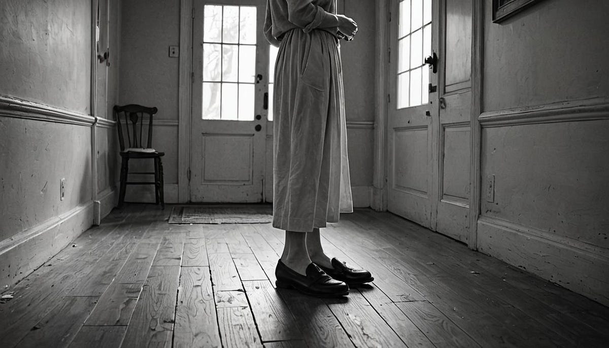 Woman in empty room, chair in corner.