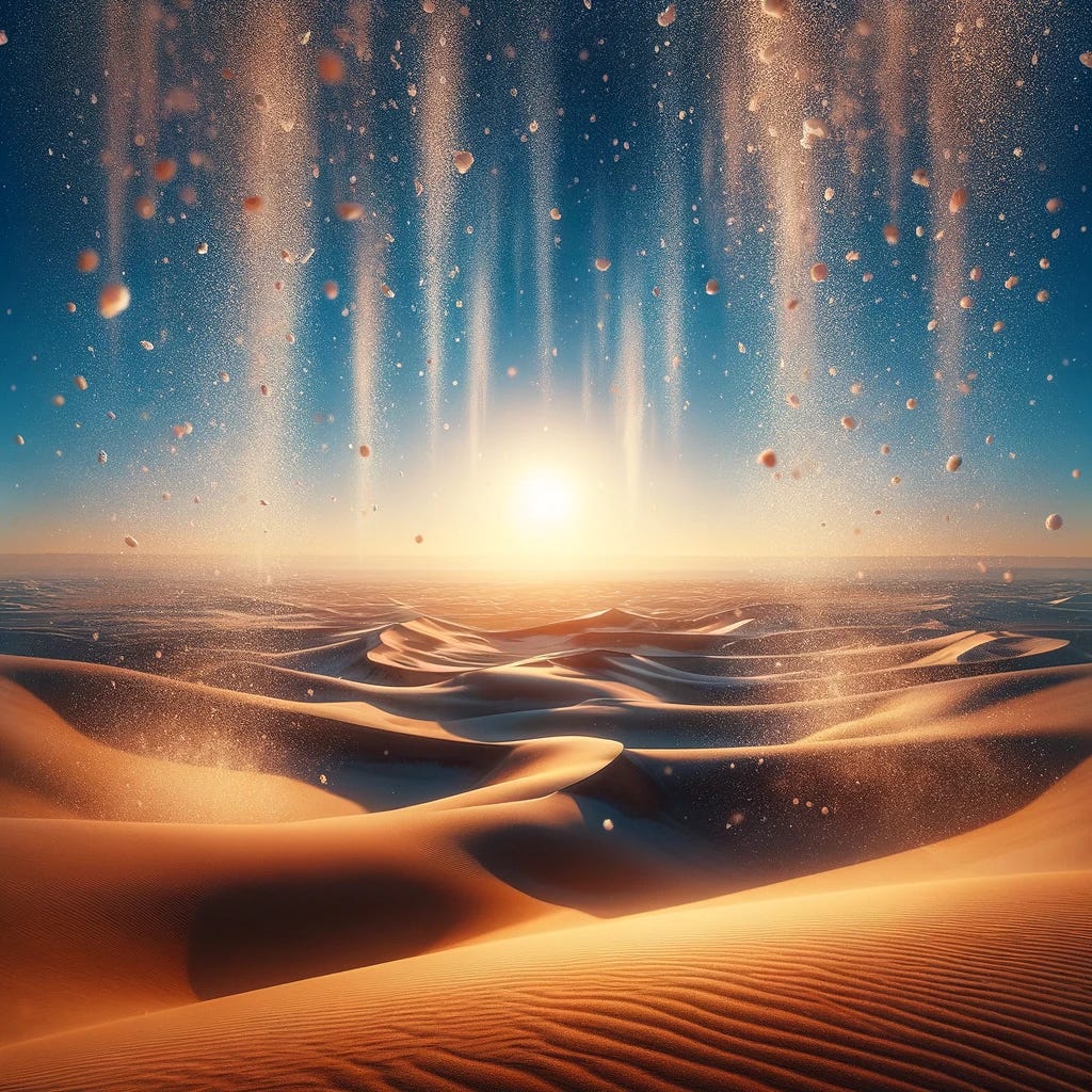 A surreal scene depicting a mirage of snow falling in the desert. The setting is a vast, arid landscape under a clear blue sky. In the foreground, fine snowflakes appear to fall gently, creating a stark contrast against the warm, golden hues of the sand dunes. Despite the apparent snow, the atmosphere retains the desert's inherent dryness and warmth, adding an element of wonder and impossibility to the scene. The sun is low on the horizon, casting long shadows and bathing the landscape in a soft, golden light, enhancing the illusion of cold amidst the heat.