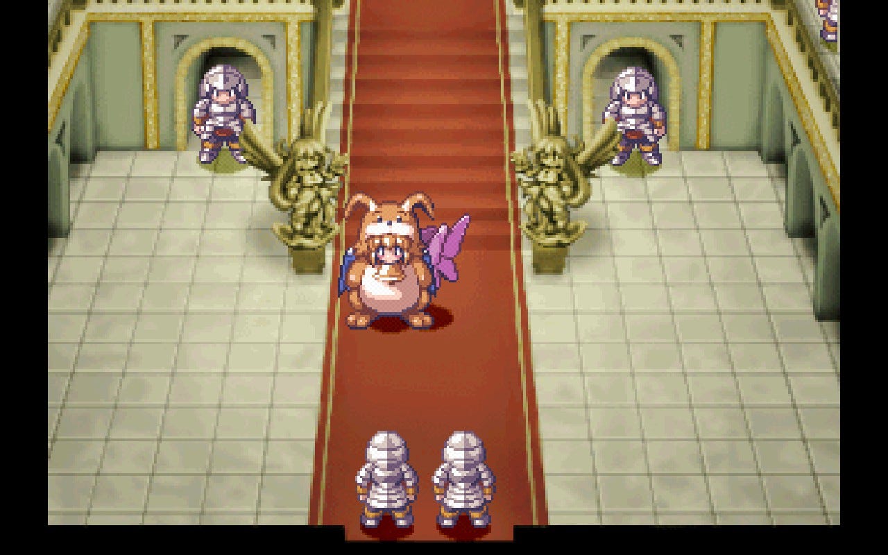 A screenshot of Cornet inside Marl's castle, wearing a bear-like-thing suit with long ears and wings, instead of a gown.