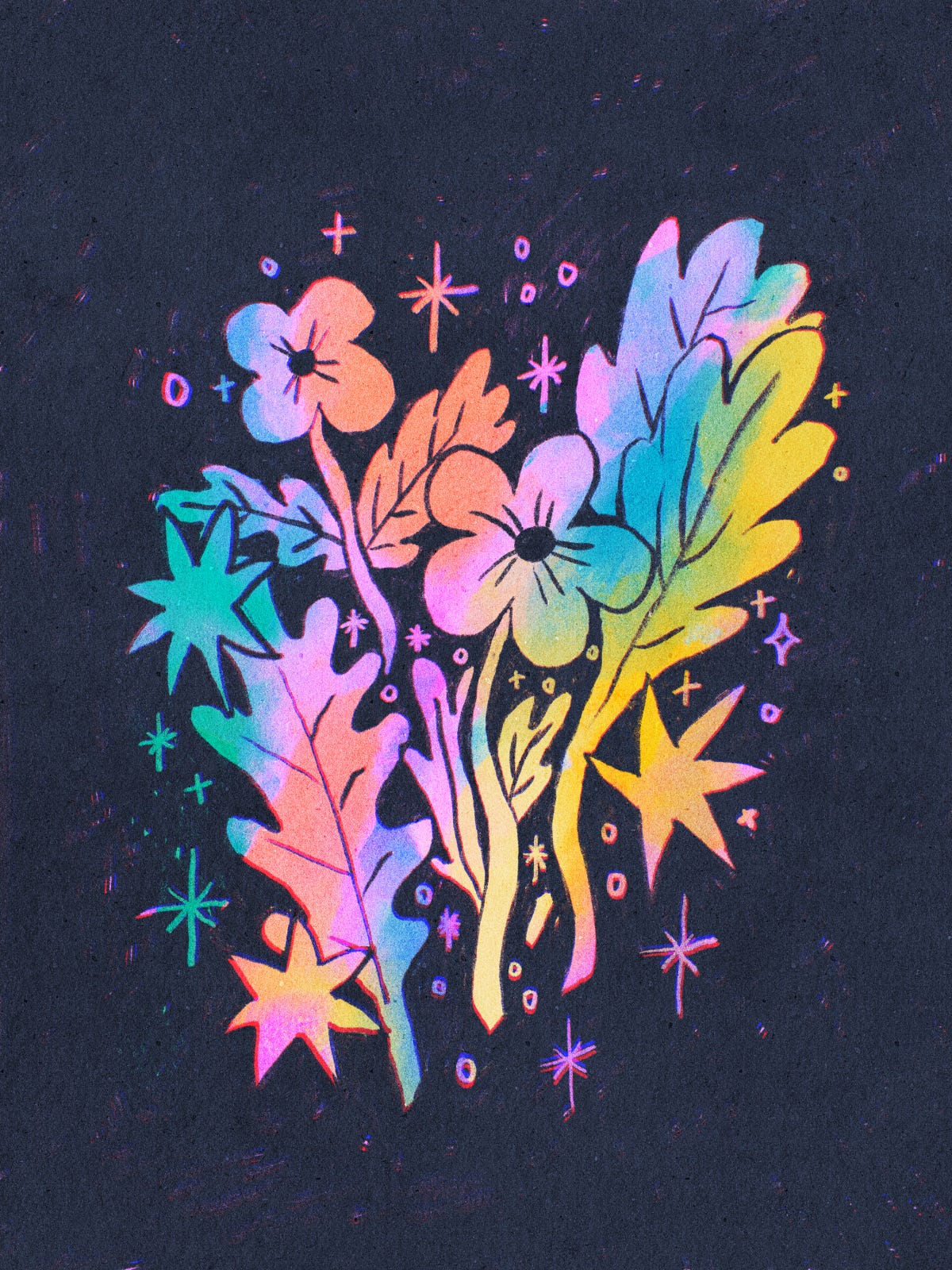 A digital drawing of some flowers in vibrant gradient colours against a dark background. 