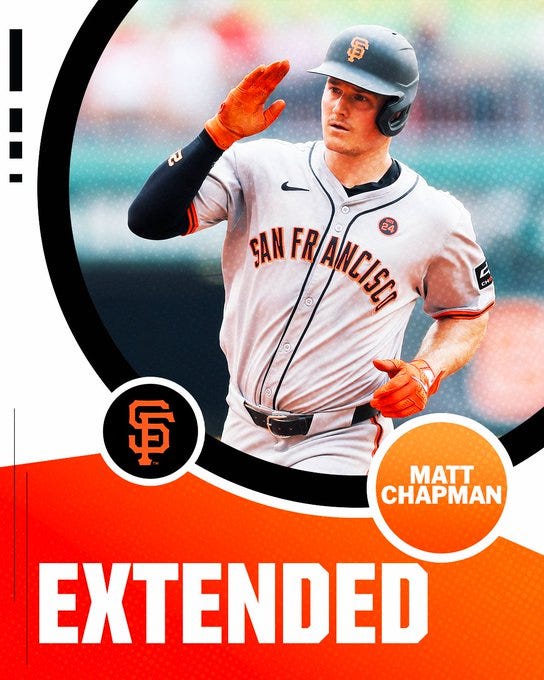 Matt Chapman, extended:
Pictured: Matt Chapman salutes the dugout in a road gray Giants uniform with orange and black lettering.