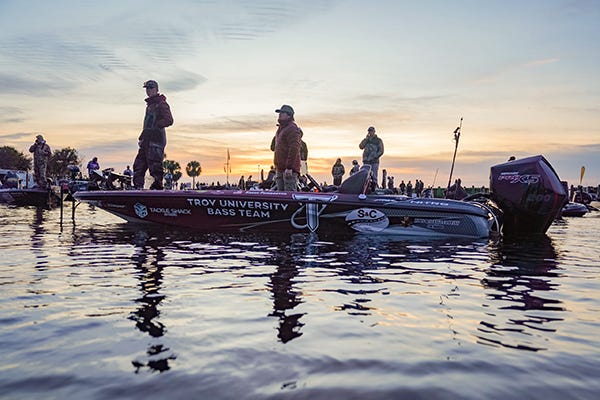 Avery Padgett, on the bow of TROY Bass Team boat captained by Kasen Pemberton, waits for the start of MLF's ABU Garcia College Fishing National Championship. (MLF/Rob Matsurra)