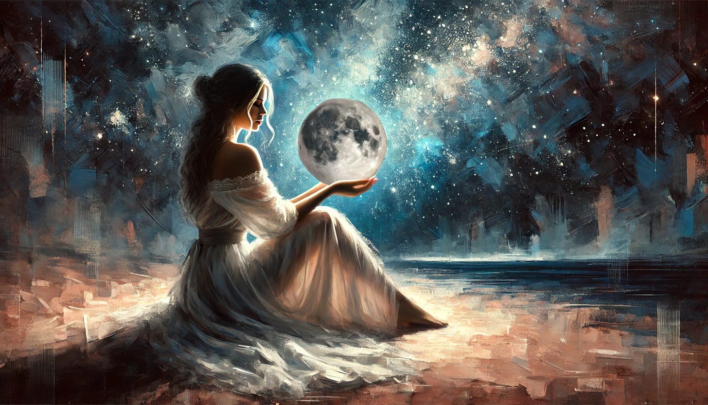 A semi-realistic painting of a woman sitting on a sandy surface at night, holding a realistic full moon in her hand. The moon features its natural color with visible craters and textures, softly glowing in the darkness. She is wearing a flowing white dress, illuminated subtly by the moonlight. The background is a blend of abstract painterly textures with deep blues and blacks, representing a starry night sky filled with glowing particles and soft light streaks. The earth or any landforms in the background are removed, leaving only the expansive starry night. Wide format composition to emphasize the vastness of the scene.