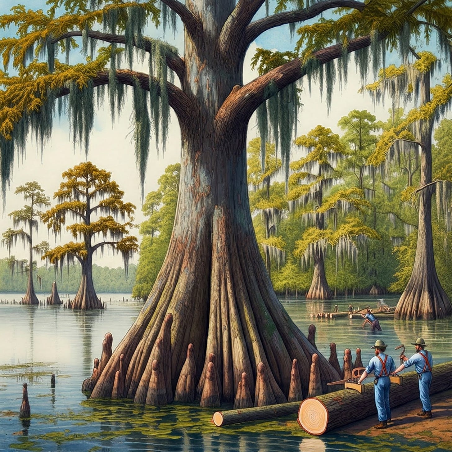 The Champion cypress tree on Cat Island in Louisiana, where its fellow kind were cut down by mankind.