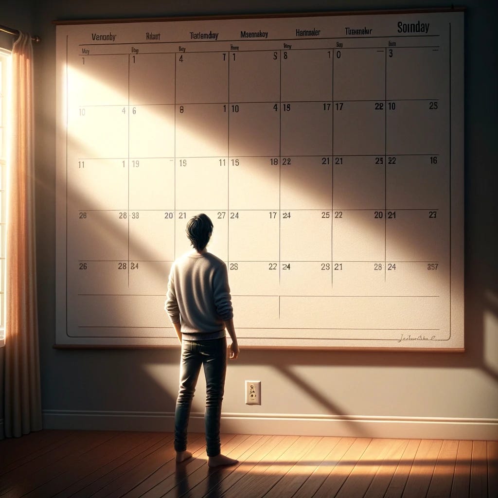 A digital painting of a person standing in front of a large, wall-mounted calendar that is completely empty, with no events or markings on any of the dates. The individual, portrayed in a contemplative stance, gazes at the blank calendar, their expression a mix of anticipation and introspection. They are in a cozy, well-lit room with soft, warm lighting that casts gentle shadows, creating a serene and thoughtful atmosphere. The scene captures the moment of possibility and reflection, symbolizing the open-ended nature of the future and the opportunity to fill it with meaningful experiences. The person's attire is casual and comfortable, suggesting a personal, intimate setting. Digital art style, focusing on realism with attention to detail in the lighting and textures to evoke a sense of quiet contemplation and potential.