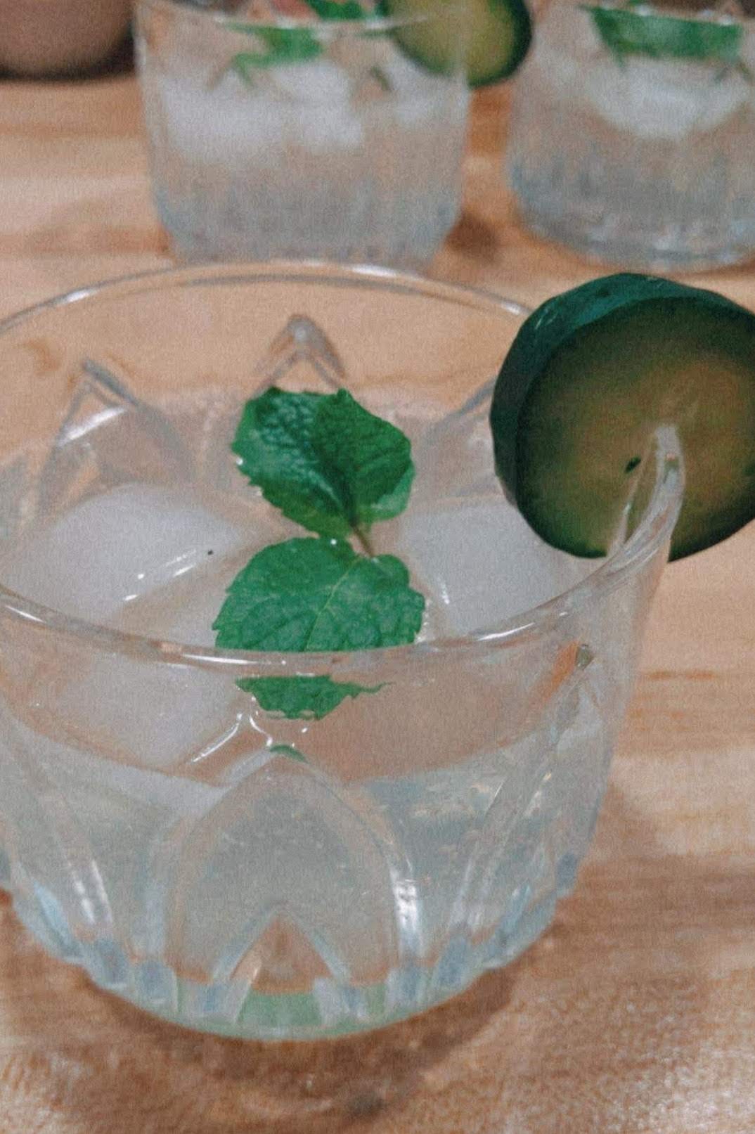 a clear glass filled with bubbly clear liquid, topped with a green circular cucumber and sprig of mint for garnish