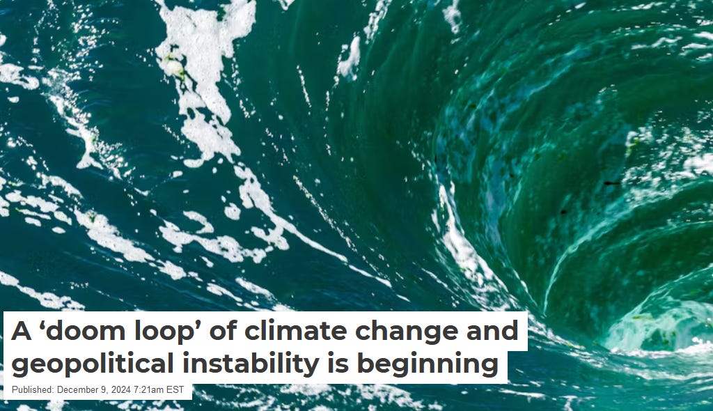 whirlpool in the ocean with title: 'A 'doom loop' of climate change and geopolitical instability is beginning'