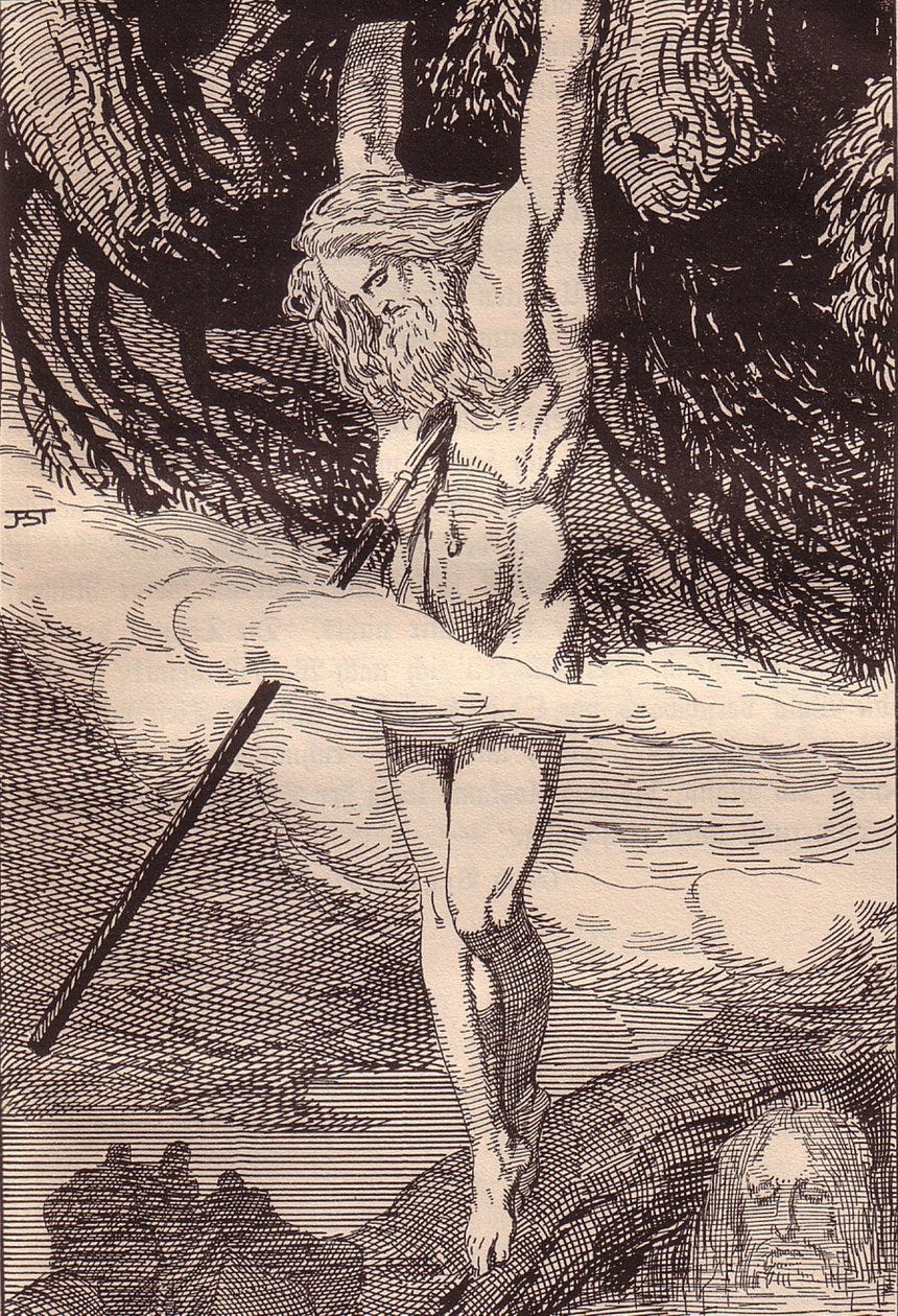 Odin Hanging on the World-Tree. Illustration for The Edda: Germanic Gods  and Heroes by Hans von Wo