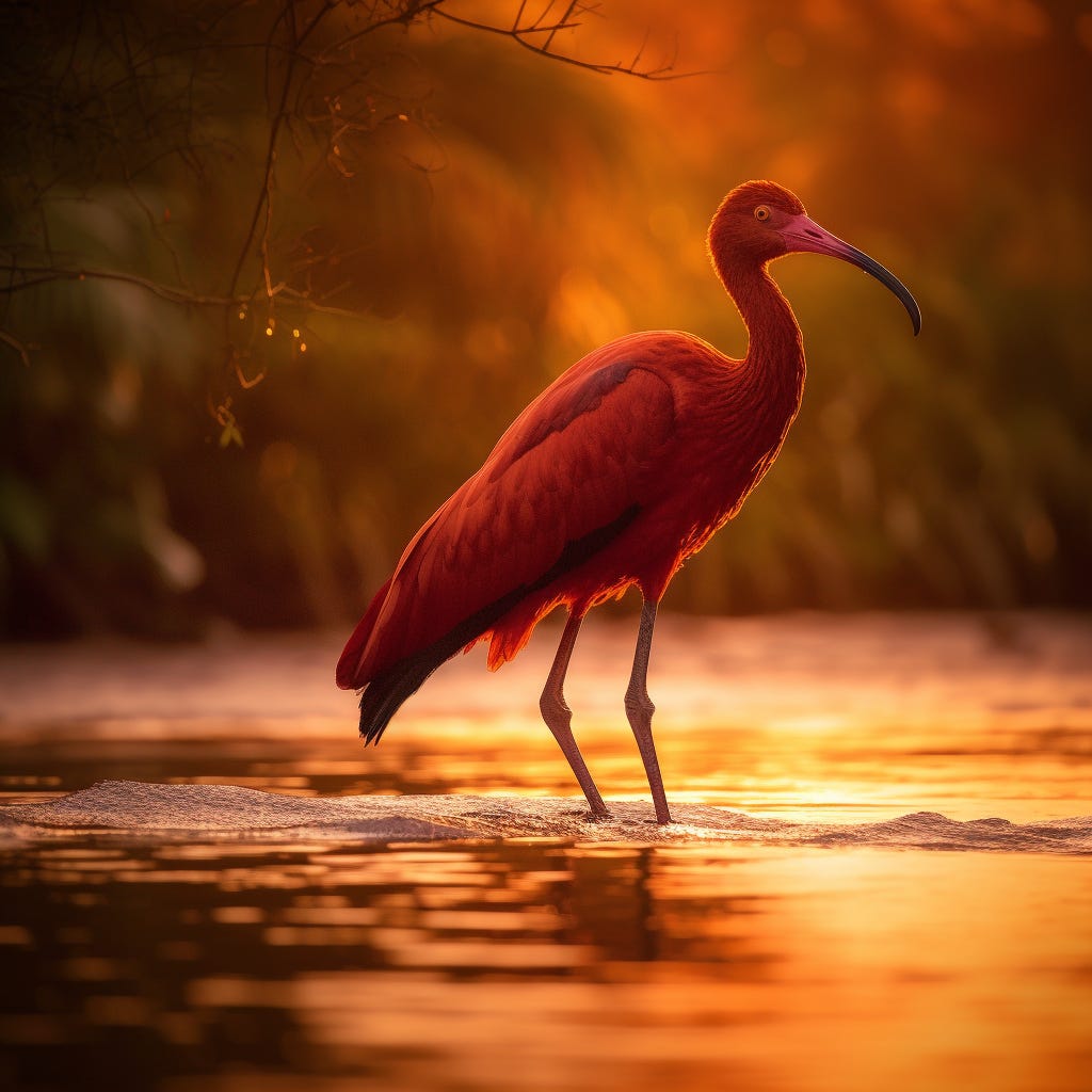 Scarlet Ibis in Caroni River at Sunset