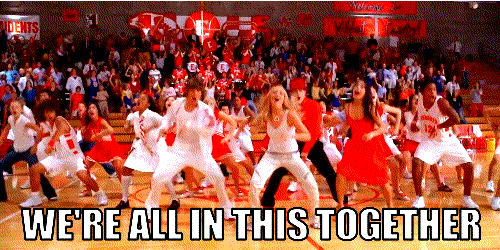 A gif of the cast of High School Musical dancing with the text "we're all in this together"