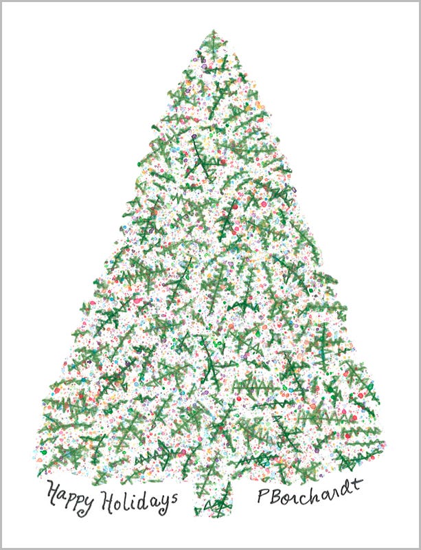  Happy Holidays (pen, colored pencil & watercolor of a Christmas tree)