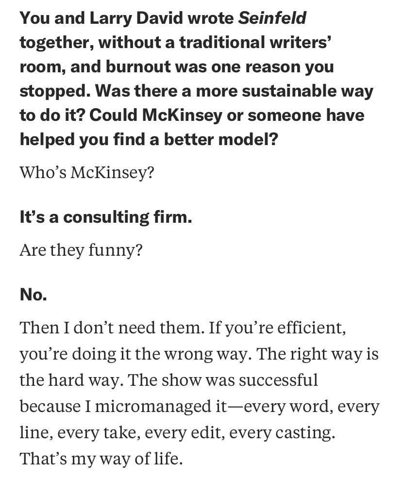 Harvard Business Review asked Seinfeld if hiring Mckinsey for the show  might have helped him. I am screaming 💀 : r/consulting