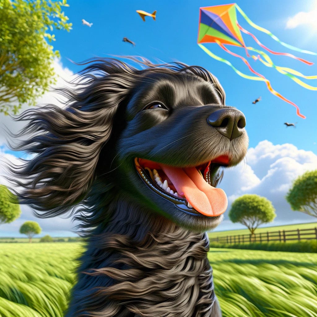 A photorealistic image of a joyful mixed breed dog, with characteristics of a black Labrador and a spaniel, enjoying a windy day. The medium-sized dog has a glossy black coat with wavy textures, long floppy ears, and a happy expression with its tongue out. The background features a sunny day with a vivid blue sky, occasional clouds, and a few tall trees scattered around, adding a sense of depth and nature to the scene. Additionally, a colorful kite is seen flying high in the sky, adding a playful and whimsical element to the composition. The dog stands in a lush green field, fully immersed in this joyful and serene setting.