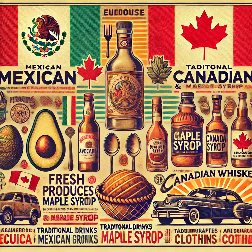 A vintage-style promotional poster encouraging the purchase of Mexican and Canadian products with minimal text. The design features warm retro colors, textured paper effects, and bold typography. The main focus is on detailed illustrations of various products from both countries, including fresh produce like avocados and maple syrup, traditional drinks like tequila and Canadian whiskey, automobiles, handcrafted clothing, and artisanal goods. The background subtly incorporates elements from the Mexican and Canadian flags, creating a balanced and visually appealing composition.