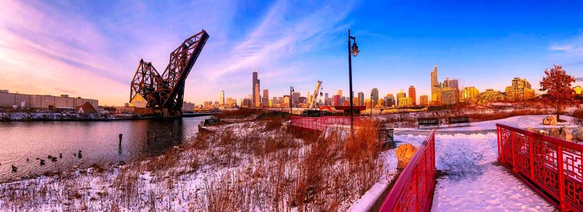 The skyline of Chicago, as seen from the red bridge at Ping Tom Park on the Near South Side next to the Chicago River