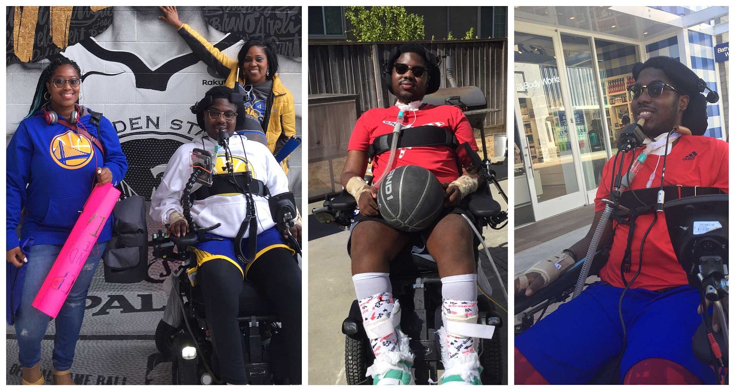 Collage of photos of NJ Foster seated in his wheelchair before the incident on United Airlines.