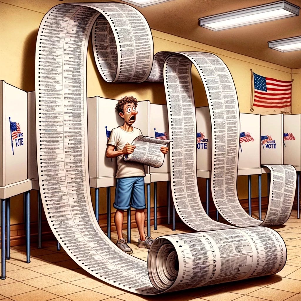 Imagine a scene in a voting booth where a person stands baffled, holding an extremely long and unwieldy ballot that stretches out behind them and coils around the booth several times. The ballot is filled with numerous questions and choices, making it look humorously oversized compared to the voter and the booth. The voter is depicted with an exaggerated expression of surprise and slight frustration, emphasizing the comedic aspect of the situation. The setting is typical of a voting station, with privacy booths and election paraphernalia visible in the background to contextualize the scene.