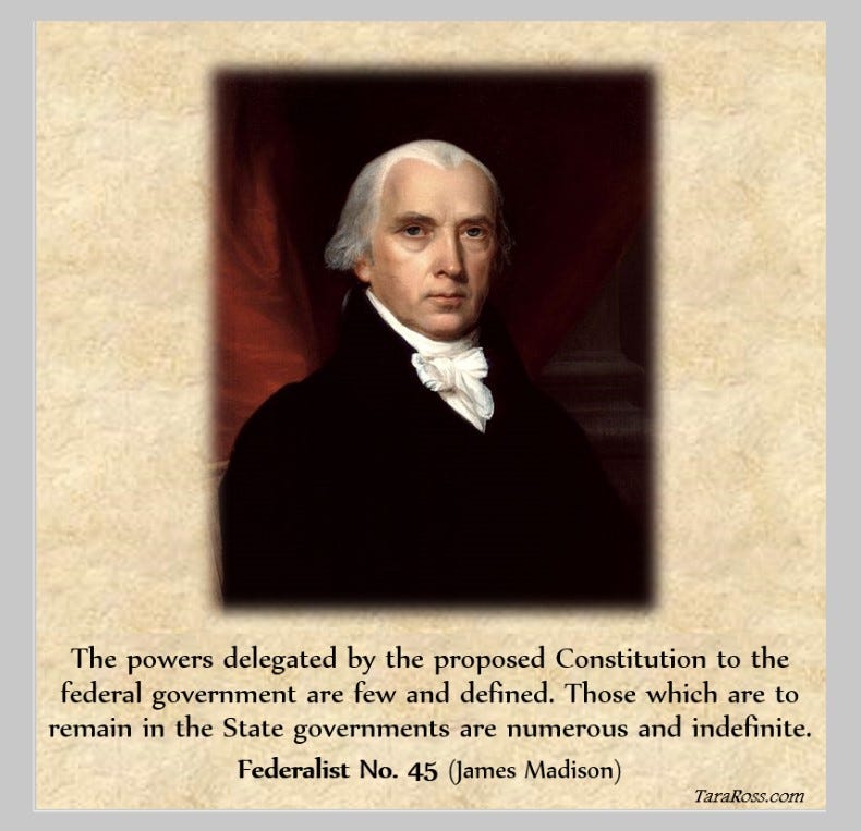 Headshot of James Madison with his quote: "The powers delegated by the proposed Constitution to the federal government are few and defined. Those which are to remain in the State governments are numerous and indefinite." -- The Federalist No. 45