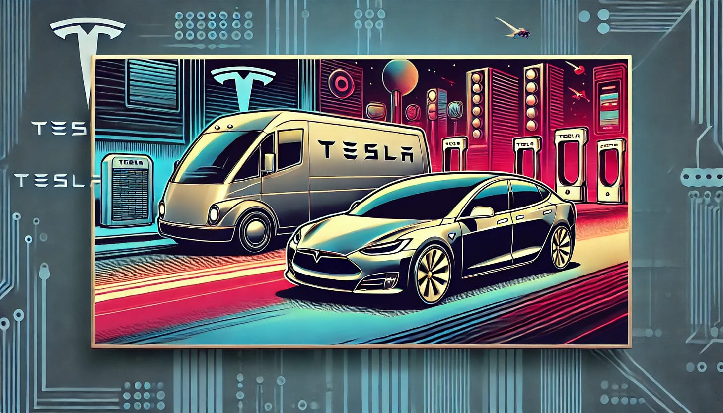 A stylized rectangular image featuring Tesla's robo taxi and robo van, with a focus on their realistic appearance. The robo taxi should be sleek and compact, similar to a Tesla Model S, and the robo van should have a more robust and futuristic design like a streamlined van. Both vehicles should appear autonomous and modern, driving through a futuristic cityscape with neon lights and high-tech elements. Keep the colors realistic with metallic finishes for the vehicles but maintain a pop-art style in the background, using bold lines and bright contrasts.