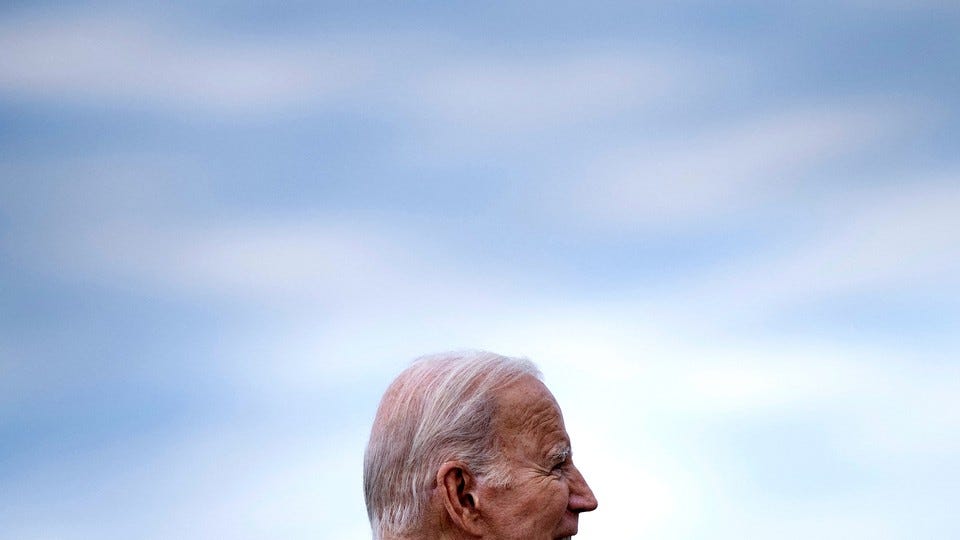 A photograph of Joe Biden's head in profile against a hazy blue sky
