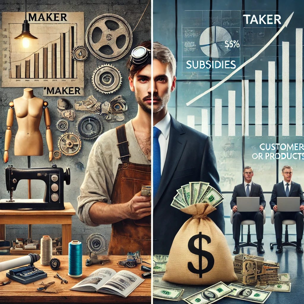 A split image symbolizing two types of business people: on the left, a 'Maker' represented as a craftsman or entrepreneur in a workshop or modern office. They are surrounded by tools, blueprints, and a digital screen displaying graphs or customer feedback. Their expression is focused and determined, with a clear, smooth face, showcasing innovation and value creation. The background features products in development and satisfied customers interacting with products. On the right, a 'Taker' depicted as a businessperson in a suit holding a large bag of money or a stack of papers labeled 'subsidies.' Their expression is smug or complacent, symbolizing reliance on external financial support. The setting is a boardroom with charts showing financial gains but no real products or customer interaction, giving a detached corporate atmosphere.