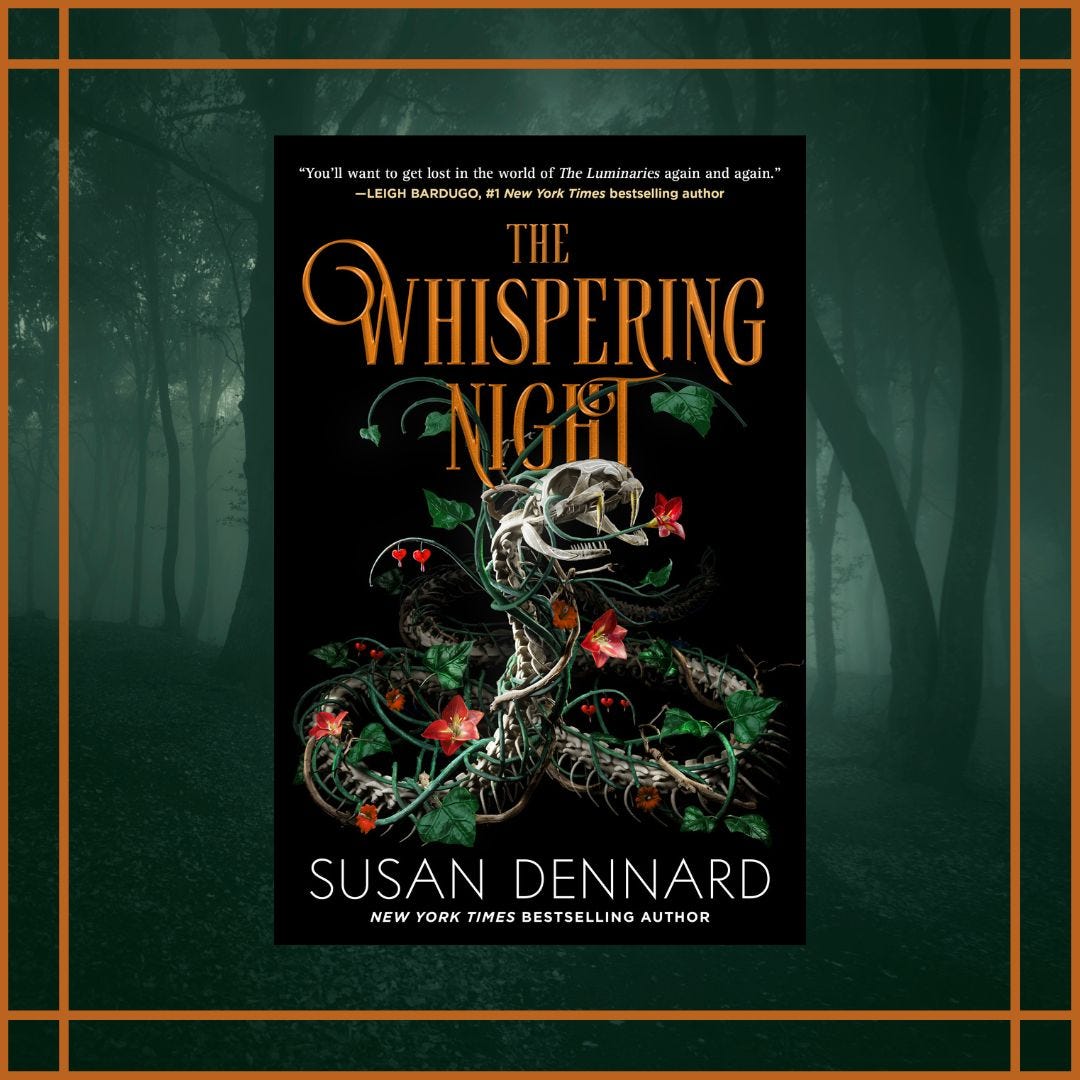 The Whispering Night cover with a coiling snake skeleton surrounded big green vines and red flowers