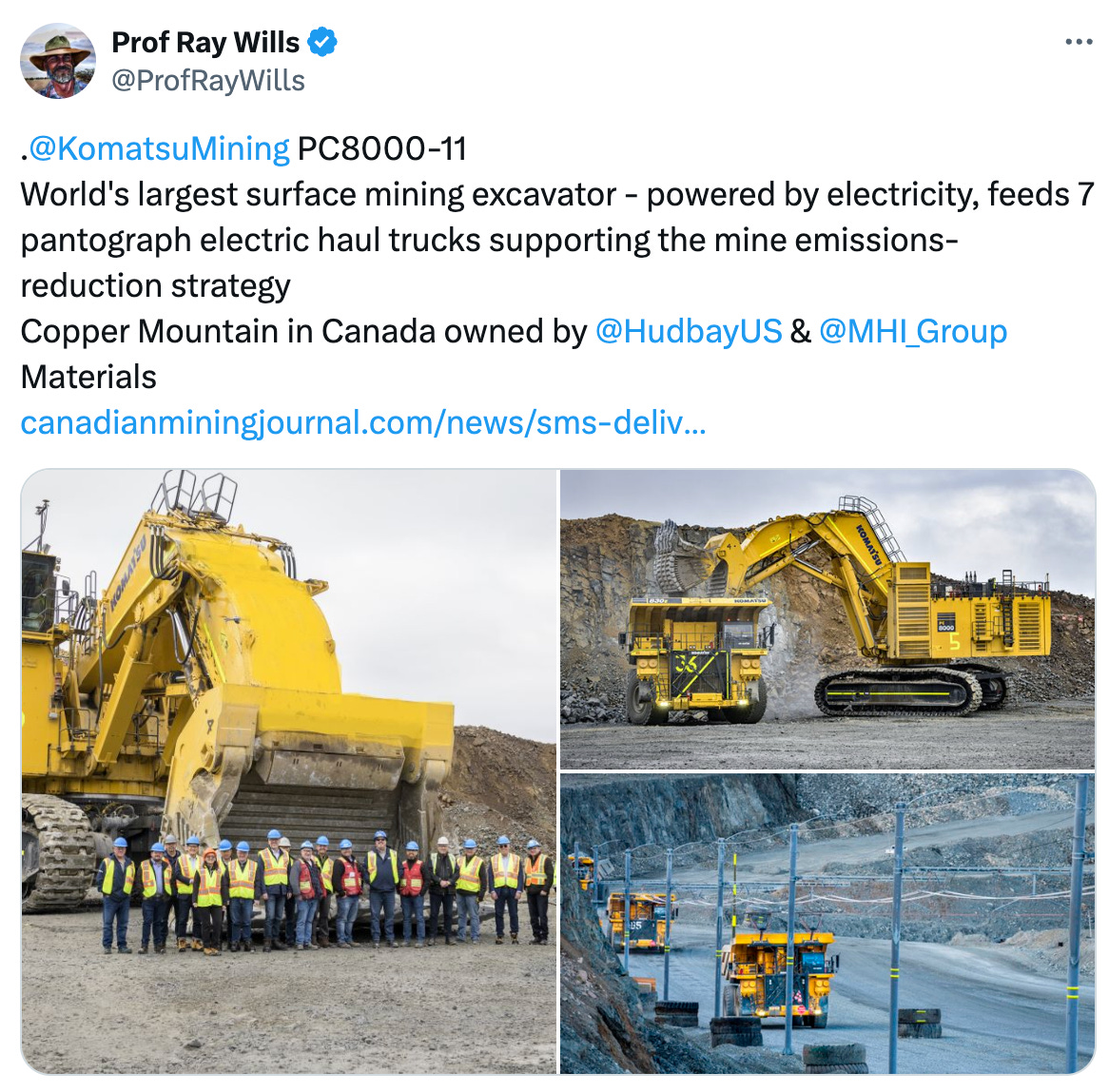   See new posts Conversation Prof Ray Wills @ProfRayWills . @KomatsuMining  PC8000-11 World's largest surface mining excavator - powered by electricity, feeds 7 pantograph electric haul trucks supporting the mine emissions-reduction strategy Copper Mountain in Canada owned by  @HudbayUS  &  @MHI_Group  Materials https://canadianminingjournal.com/news/sms-delivers-worlds-largest-excavator-komatsu-pc800-to-copper-mountain/