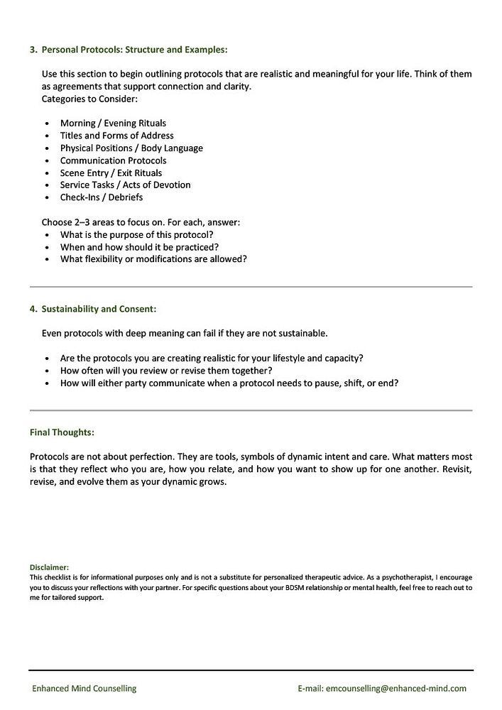 Part 2 of the Building Personal Protocols in D/s Dynamics Worksheet