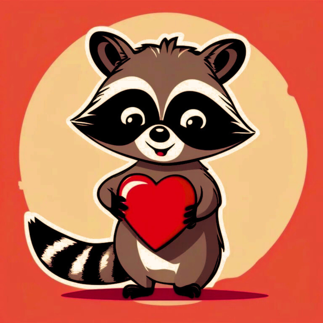 A cute raccoon holding a heart.