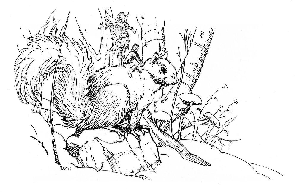 Pen and ink drawing featuring a squirrel sitting on a snowy rock. On its back ride a pair of pixies. The male is holding on to the fur at the back of the squirrels neck. The female is standing with head laid back and arms (and wings) out.