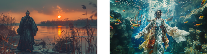 Two side-by-side images: the left shows a person in traditional Asian attire standing by a serene river at sunset; the right shows a person in similar attire submerged underwater, surrounded by colorful fish.