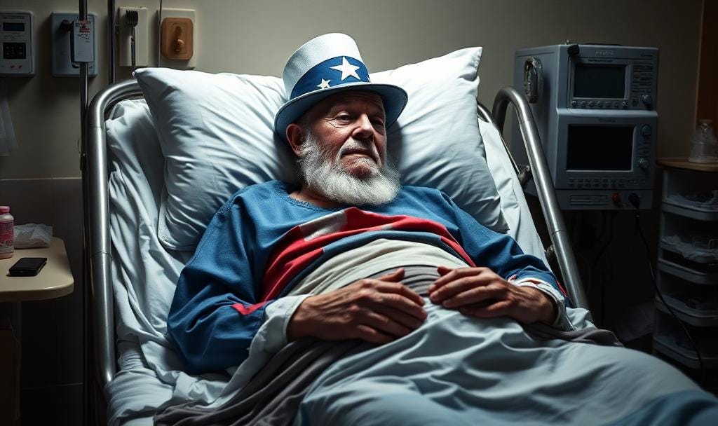 Uncle Sam recovering in a hospital bed after intense chemotherapy to fight off an aggressive civilizational cancer known as Marxcissism …