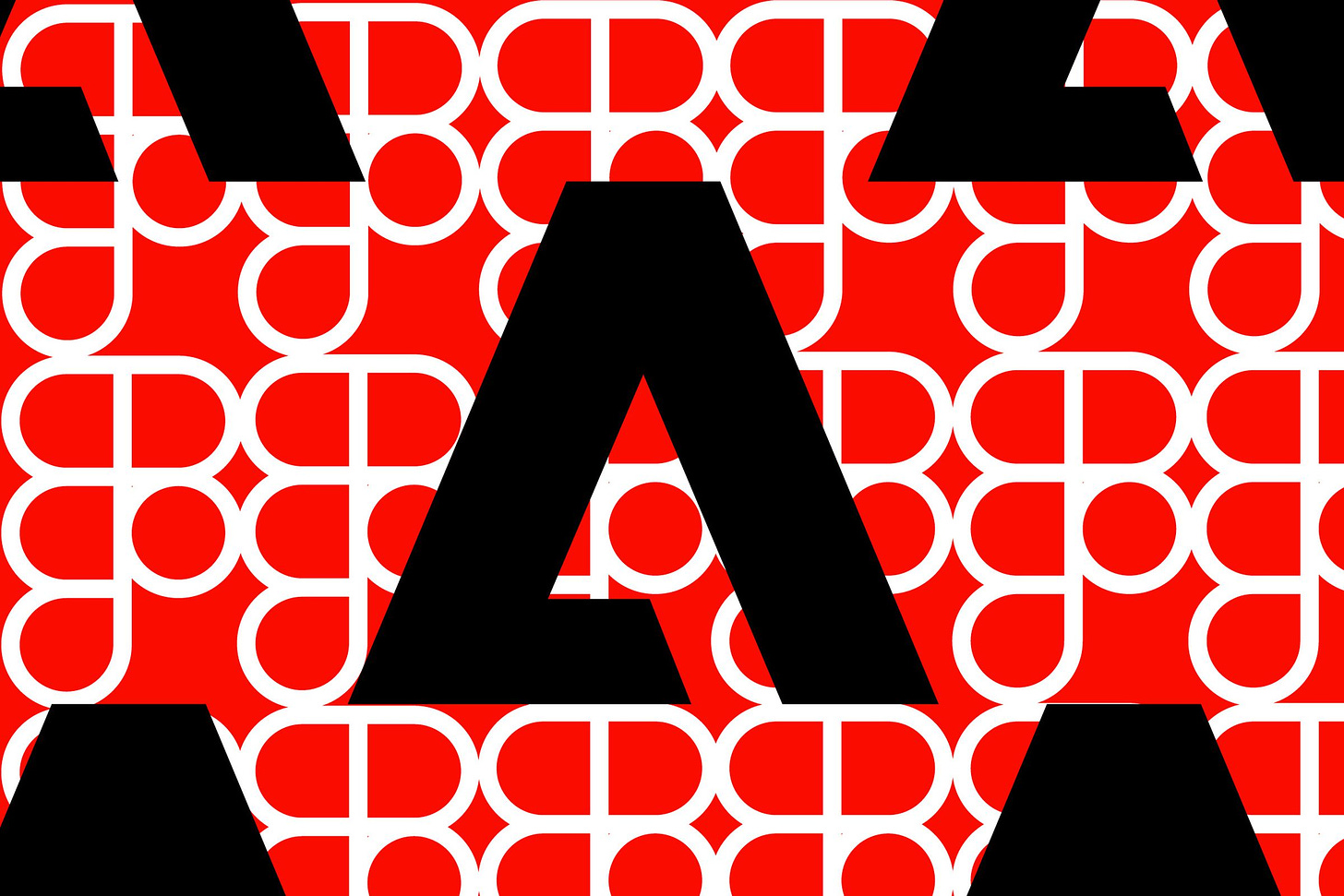 An illustration containing black Adobe logos in front of white Figma logos on a red background.