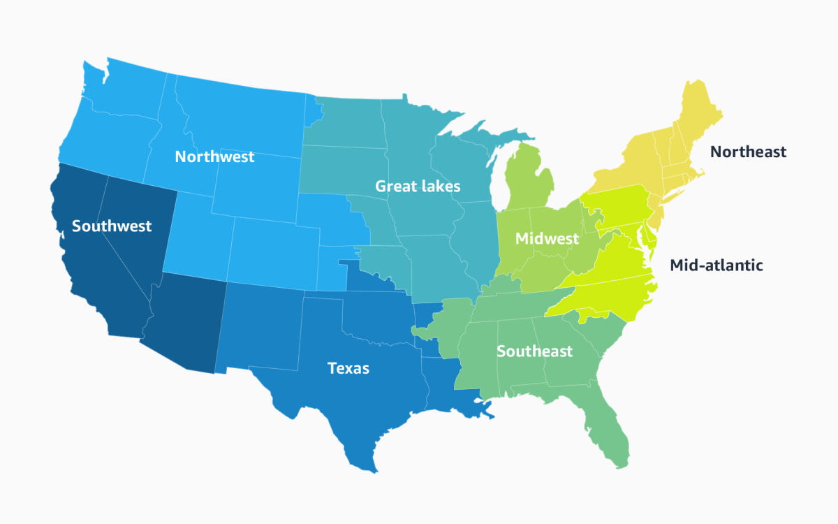 Amazon's regionalization map, with 8 regions overlaid over a map of the United States, is seen here 