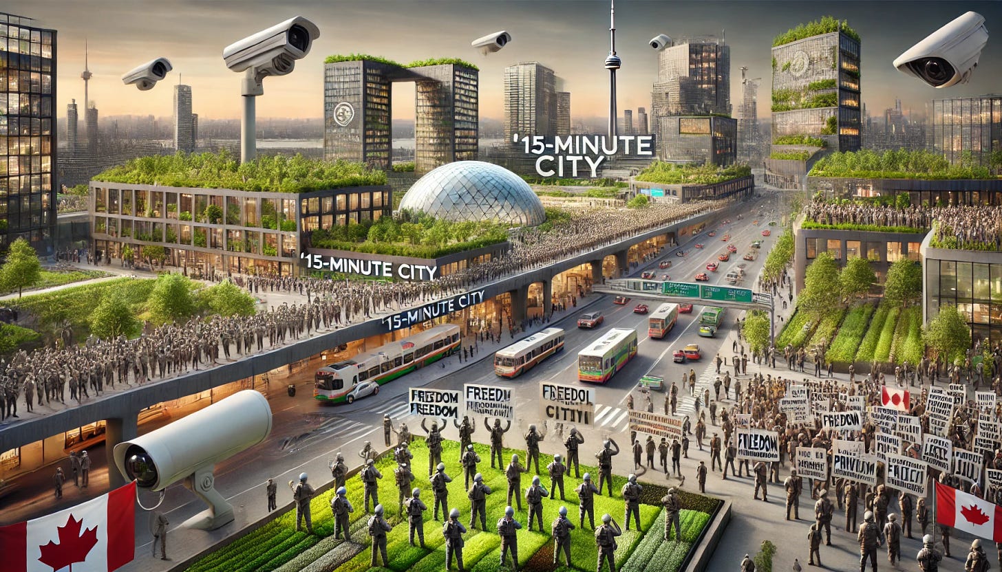 A cityscape showing '15-minute city' elements with green spaces, eco-friendly buildings, and shared transportation hubs, contrasted by a large, peaceful protest scene. Citizens from Canada and the Netherlands hold signs and banners with messages advocating for freedom, privacy, and local governance, symbolizing resistance against Agenda 2030 initiatives. The image includes subtle details of surveillance cameras and digital monitoring infrastructure, representing the concerns of urban control. The atmosphere reflects determination and unity, blending modern urban design with symbols of citizen pushback against global initiatives.