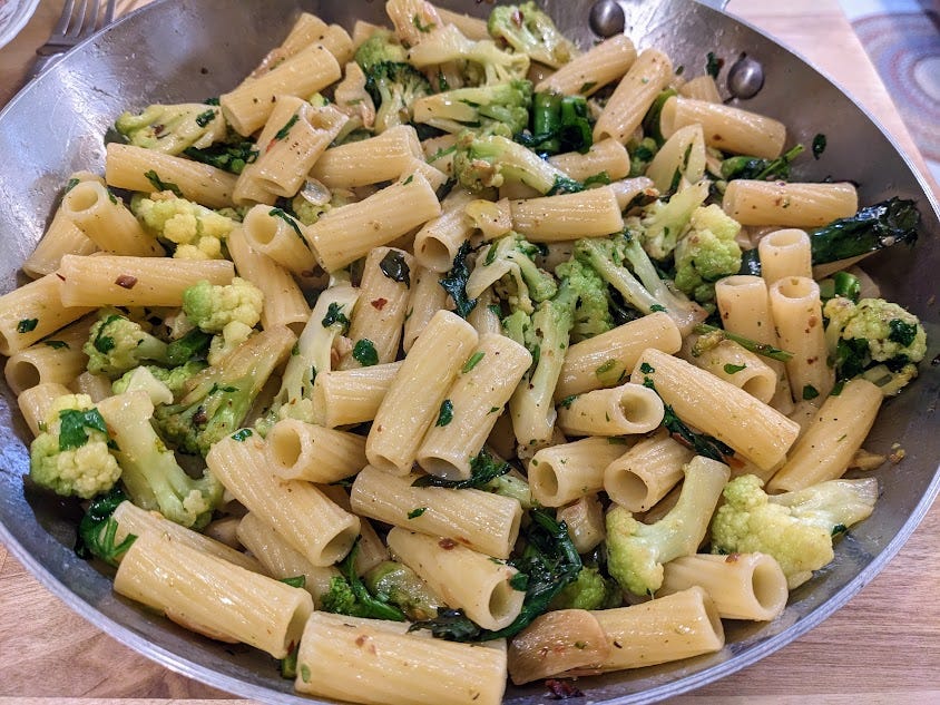 panful of penne w/ cauliflower that is green