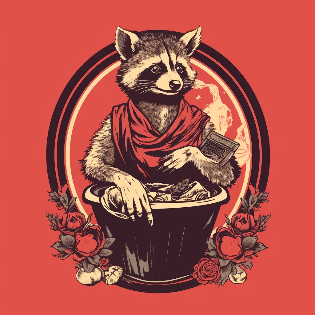 A raccoon sitting behind a trash can with a book in its arm, wearing a tunic, surrounded by a frame and roses