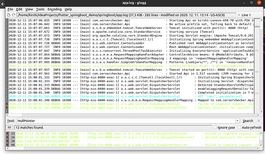 a log file highlighted by glogg